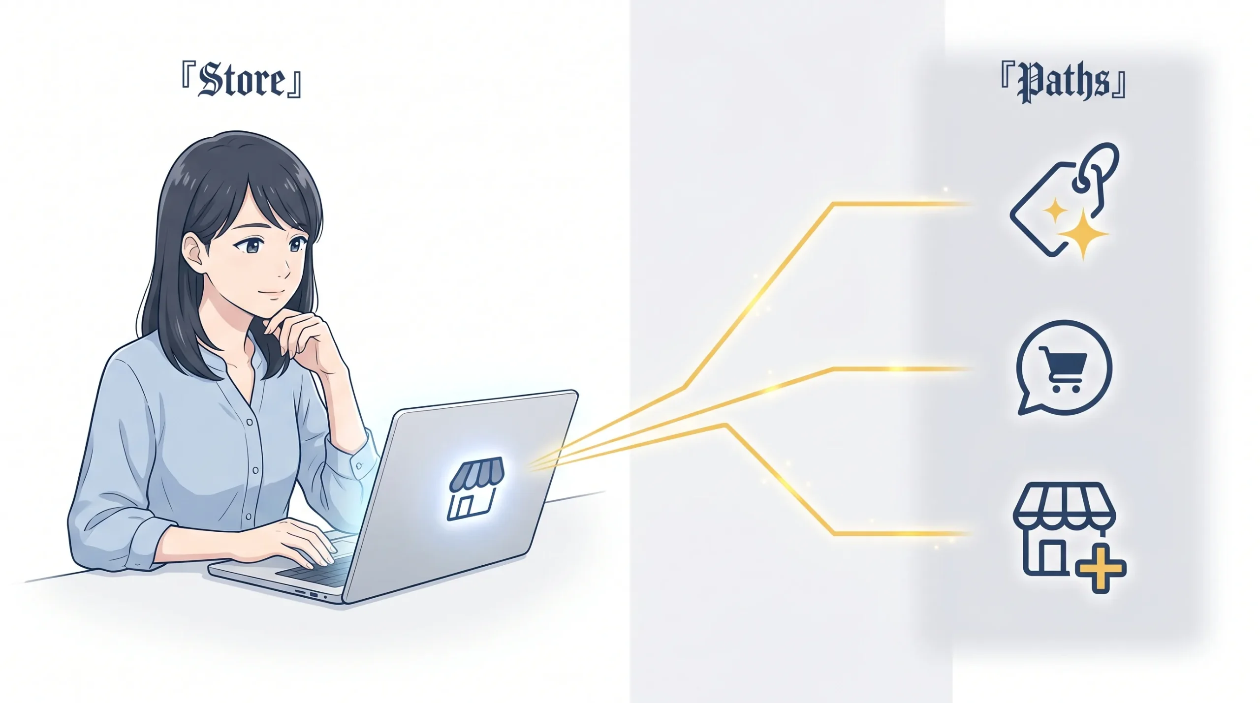Store→Paths mapping図解。左にEC運営者とノートPC、3本のガイドラインが右の3アイコンに分岐。