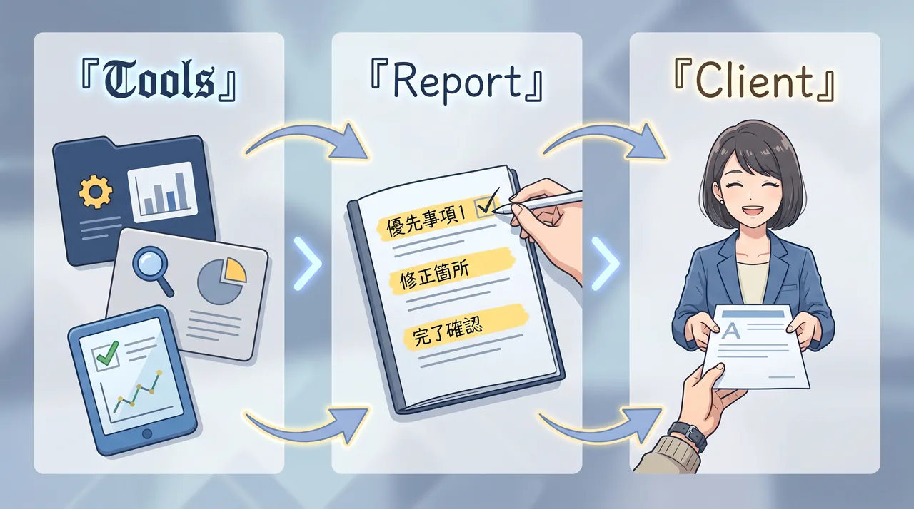 Web 制作副業の 3 ステップ・フローのイラスト。左に複数の自動チェックツール、中央に優先度付きの改善提案リスト、右にクライアントに納品書を渡すデザイナーの手という構成。