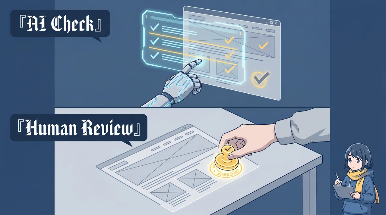 AI チェックと人間レビューの 2 段階構成のイラスト。上段で AI がワイヤーフレームを自動チェックし、下段で人の手がそのワイヤーフレームに承認スタンプを押す様子。