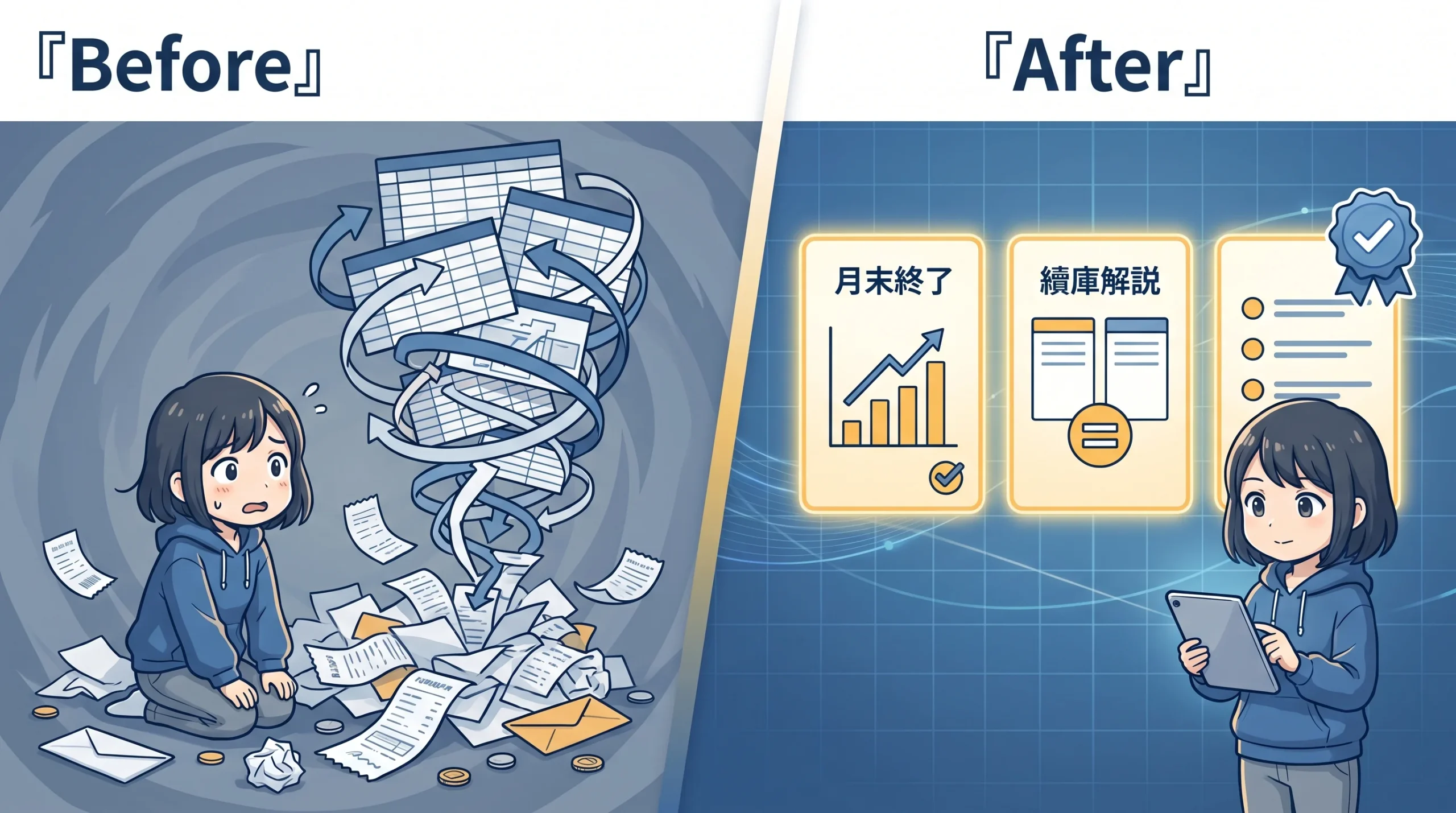 副業の経理代行作業の Before / After 比較 — 散らかった書類に埋もれている状態から、AI で整理された下書きカードを人間がレビューする状態へ移るイメージ
