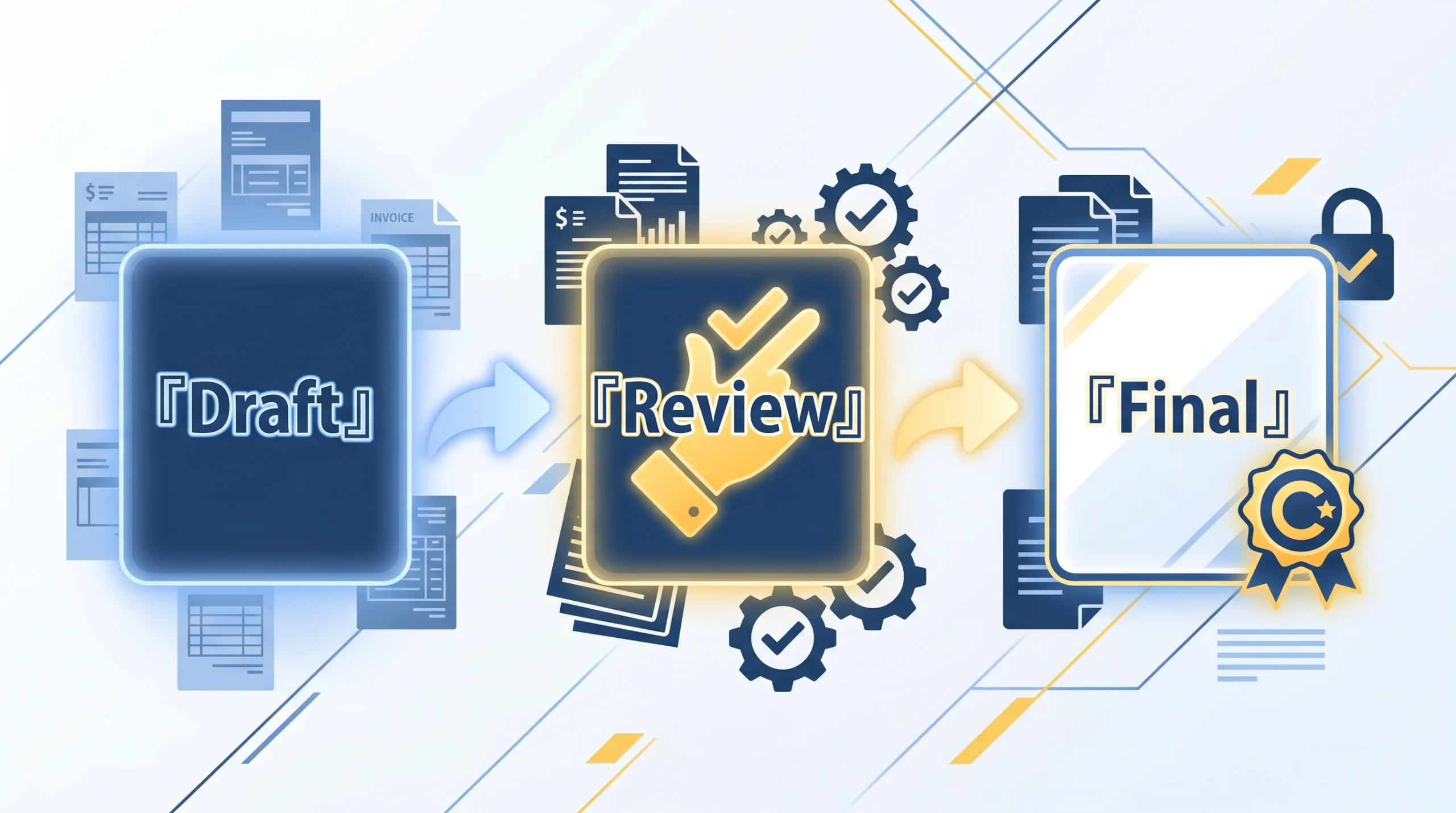 AI の下書き (Draft) → 人間がレビュー (Review) → クライアント納品物 (Final) の 3 段階ワークフロー図