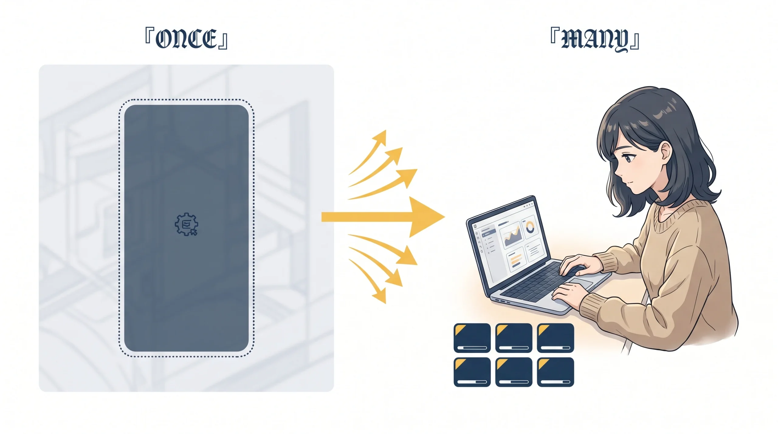 3 ゾーン iteration-expansion 構成のイラスト。左ゾーン (faded) に『ONCE』ラベルと、ネイビーで描かれた縦長の 1 個の大型 one-shot attempt タイル (dotted outline で予算 envelope を示唆)。中央にウォーム黄色の水平矢印 + 3 本の secondary tick mark が multiplication を示す。右ゾーン (focal) は『MANY』ラベル、ベージュニットの女性個人開発者がラップトップで作業し、その横に同形の小さな attempt タイル 6 個 (2x3 grid) が並び、同じ固定費 envelope 内で多数の試行が回せることを視覚化。