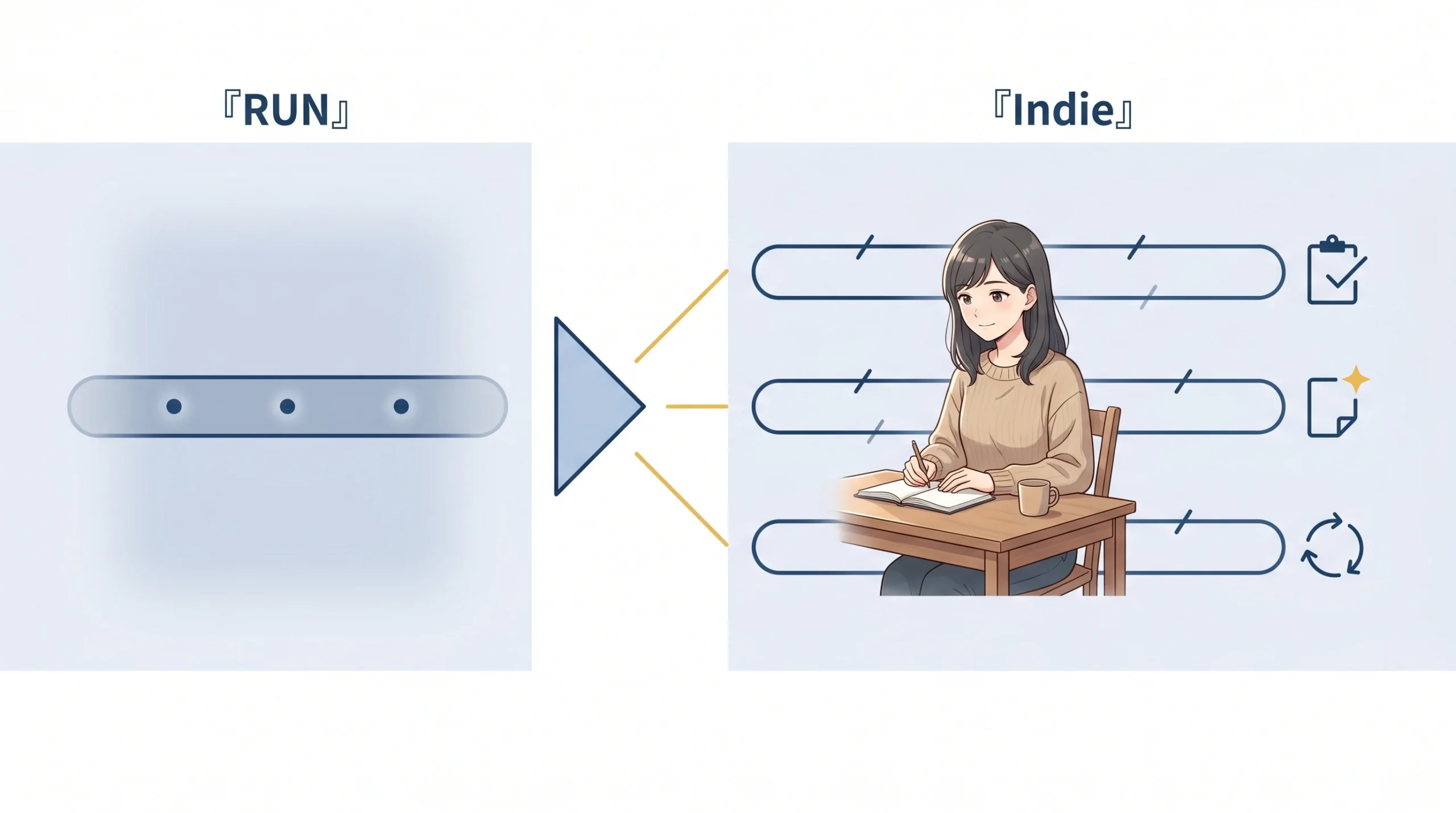 3 ゾーン parallel-tracks 構成のイラスト。左ゾーン (faded) に『RUN』ラベルと、ネイビーで描かれた横長スリムの長時間 runtime rounded-rectangle (内部に 3 個の dot marker で継続運用を示唆)。中央に三角 splitter wedge と 3 本のウォーム黄色 guide line が 3 concurrent tracks に分かれる構図。右ゾーン (focal) は『Indie』ラベル、ベージュニットの女性個人開発者が小さな wooden desk で作業し、その横に 3 本の horizontal lane が縦に並ぶ。各 lane 末端に: 上=clipboard + hairline check (副業 = 完了タスク)、中=folded-page + 黄色 corner star (MVP scaffold)、下=closed-loop arrow circle (小規模 SaaS subscription) の 3 種類の idiom が配置される。