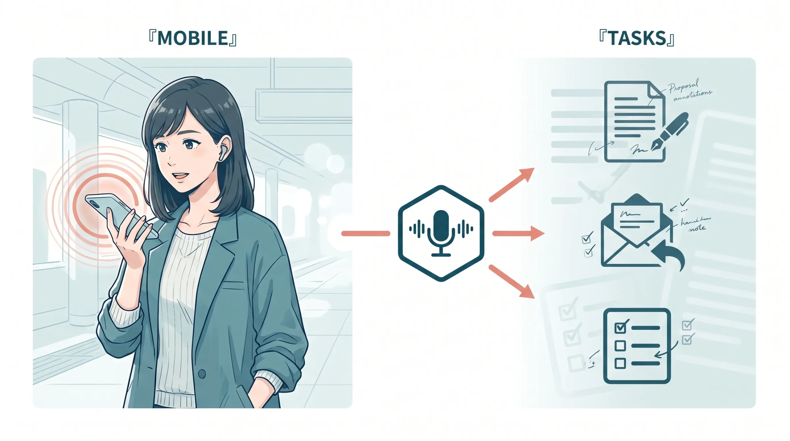 3ゾーンrouting構成のイラスト。左ゾーンはfocalで『MOBILE』ラベル付き、若い女性フリーランサーが立って移動中にスマートフォンで音声入力中。中央に六角形ルーティングノードから3方向のコーラル色ガイドライン。右ゾーンはfadedで『TASKS』ラベル付き、提案書・メール返信・議事録の3タスクアイコン縦配置。