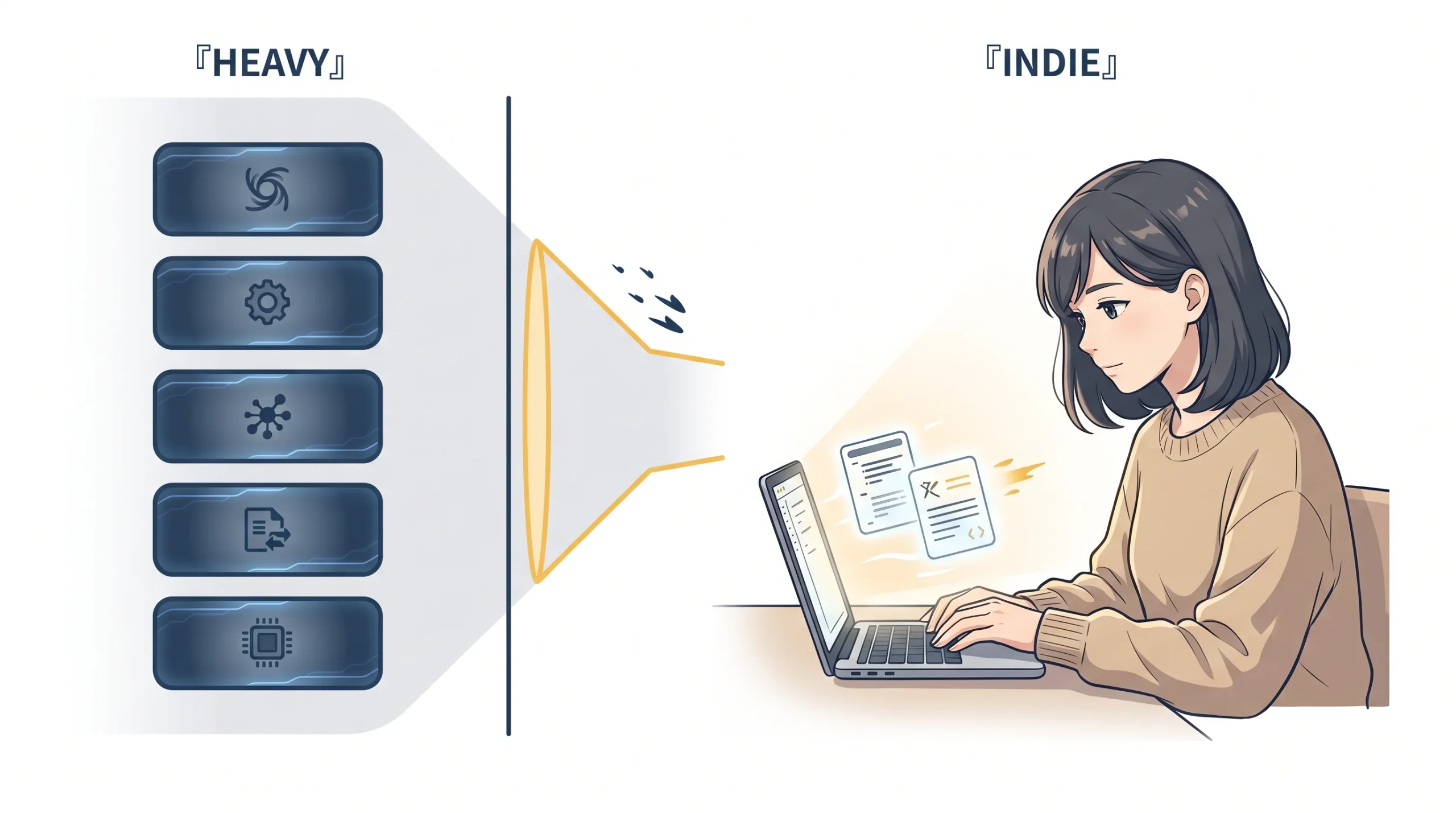 3 ゾーン scale-down 構成のイラスト。左ゾーンに『HEAVY』ラベルと、ネイビーで描かれた 5 段の高負荷処理ノードを縦に積んだ薄い背景。中央にウォーム黄色のテーパード漏斗と 3 本のスピード装飾が左から右へ加速感を示す。右ゾーンは focal で『INDIE』ラベル付き、ベージュニットの女性個人開発者がラップトップで作業し、画面では構造化出力カードが右へ流れる小さなアクセント装飾を伴う。