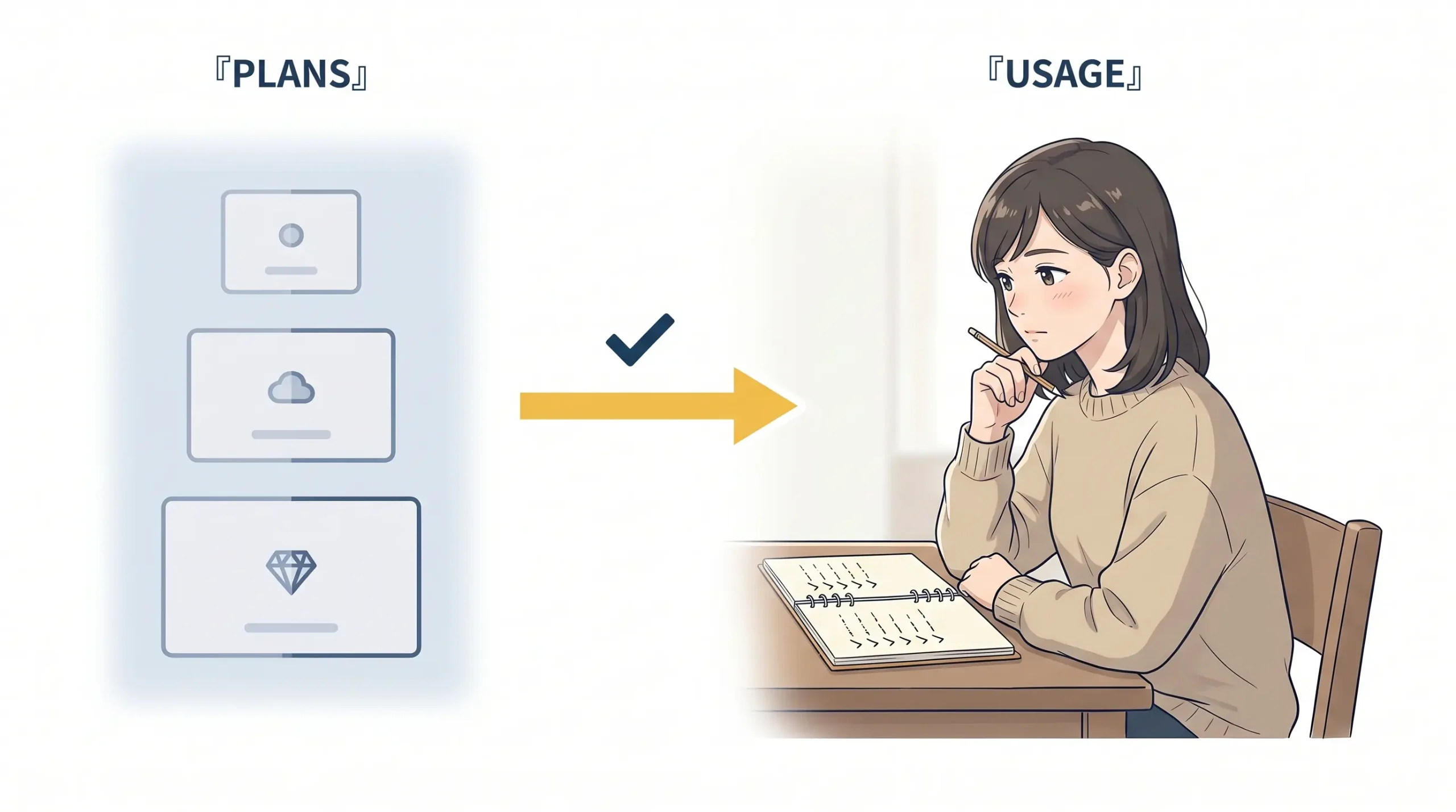 PLANS と USAGE をマッチングする 3 ゾーンの図解。左に薄い 3 段のプラン候補カード、中央に黄色の対応矢印と check マーク、右に手元のリング式ノートで実利用ログを点検する個人開発者の女性のアニメ風イラスト。