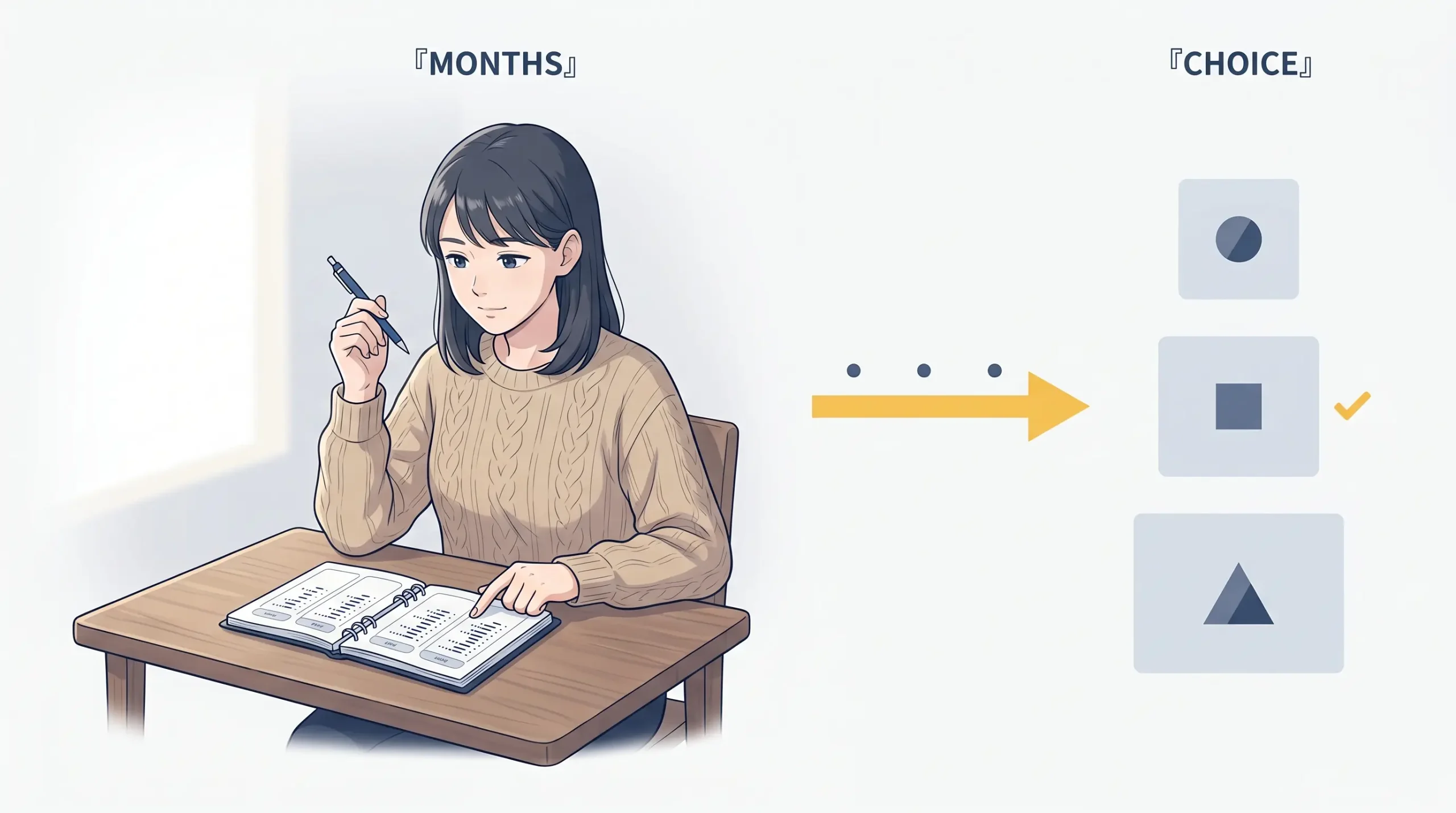 MONTHS から CHOICE への観察と決定の 3 ゾーン図解。左 focal にリング式プランナーで 5 ヶ月分の利用ログを点検する個人開発者の女性、中央に時間経過を示す矢印と 3 つの月マーカー、右に薄い 3 段のプラン候補カードと中段に check マークが添えられたアニメ風イラスト。