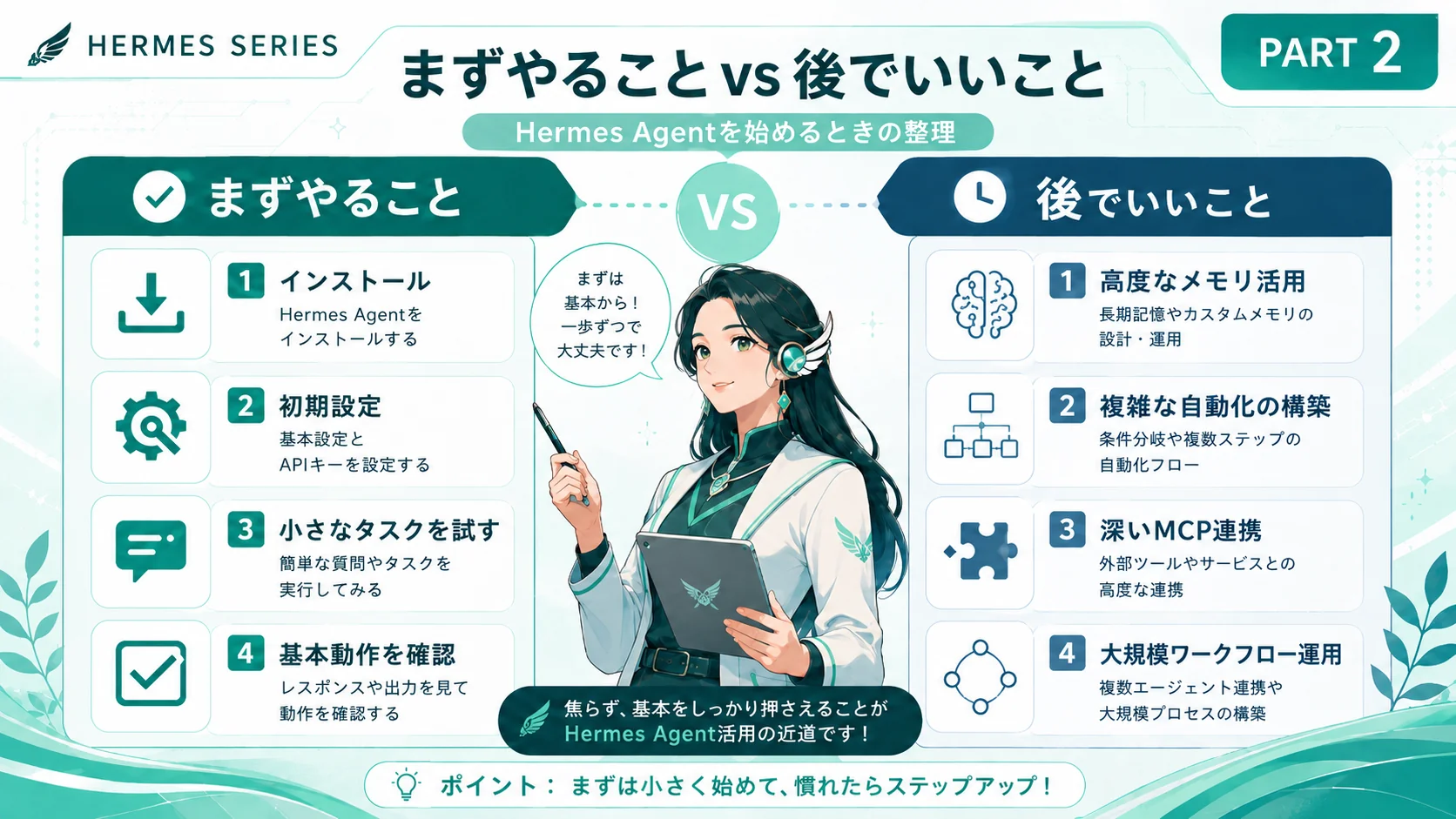 Hermes Agentを始めるときの「まずやること」と「後でいいこと」の対比図