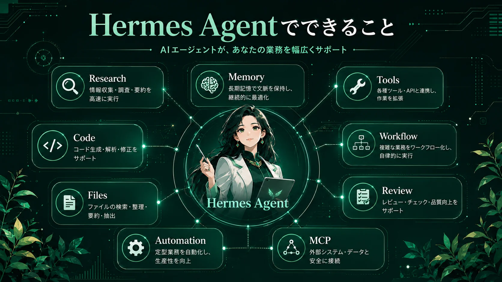 Hermes Agentでできることを整理した機能マップ。Research・Memory・Tools・Code・Workflow・Files・Review・Automation・MCPの9カテゴリが中央のエージェントを囲む