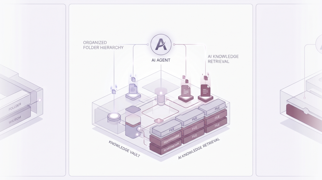 AI AgentがKnowledge Vaultの整理されたフォルダ階層にアクセスする俯瞰図