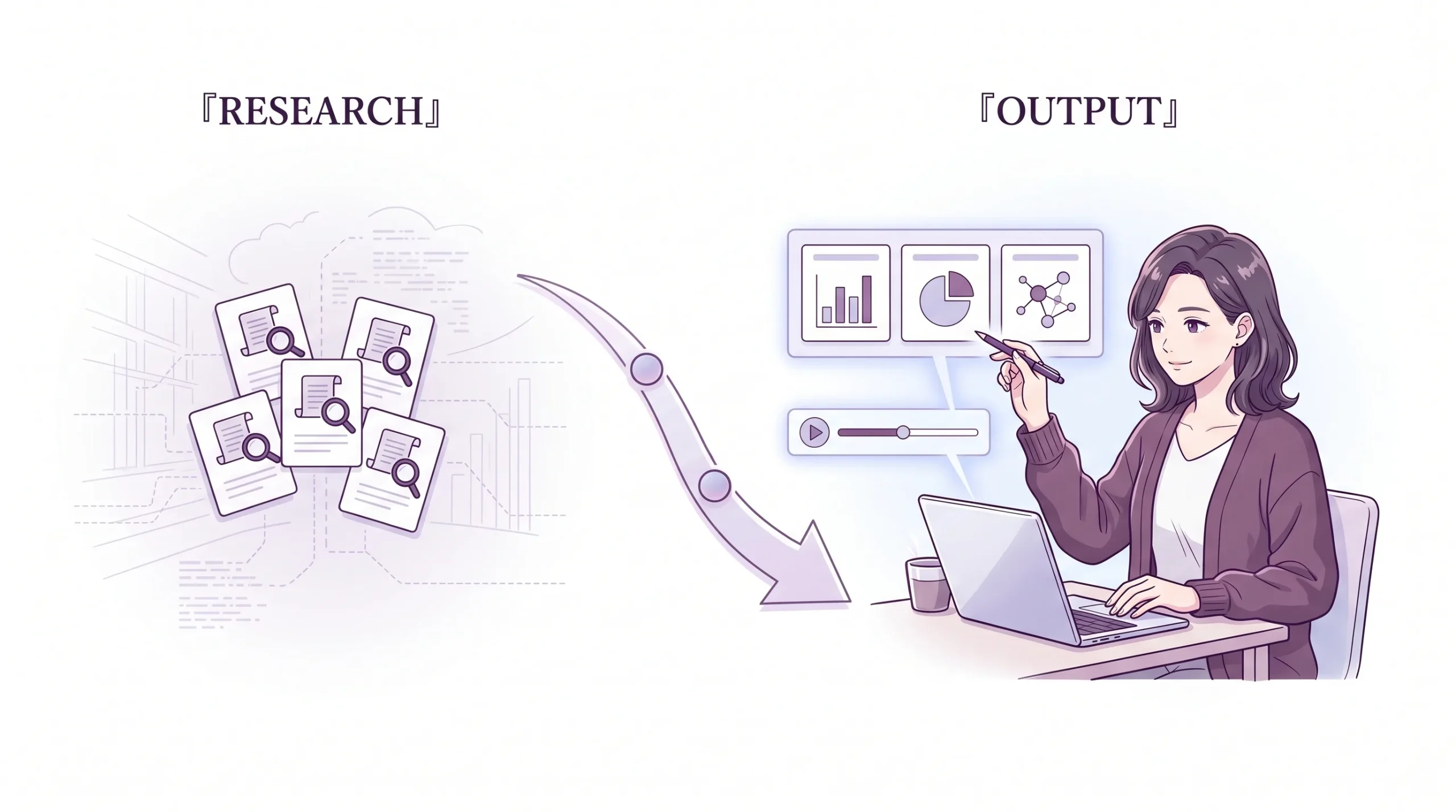 3ゾーンworkflow構成のイラスト。左ゾーンに『RESEARCH』ラベルと、虫眼鏡アイコン付きリサーチカード群がfadedで扇形配置。中央にlavender色の曲線矢印が2つの処理ノードを経て右に流れる。右ゾーンはfocalで『OUTPUT』ラベル付き、若い女性リサーチャーがペンを持ちながらスライドサムネイル3枚と動画タイムラインを確認中。能動的な編集姿勢。