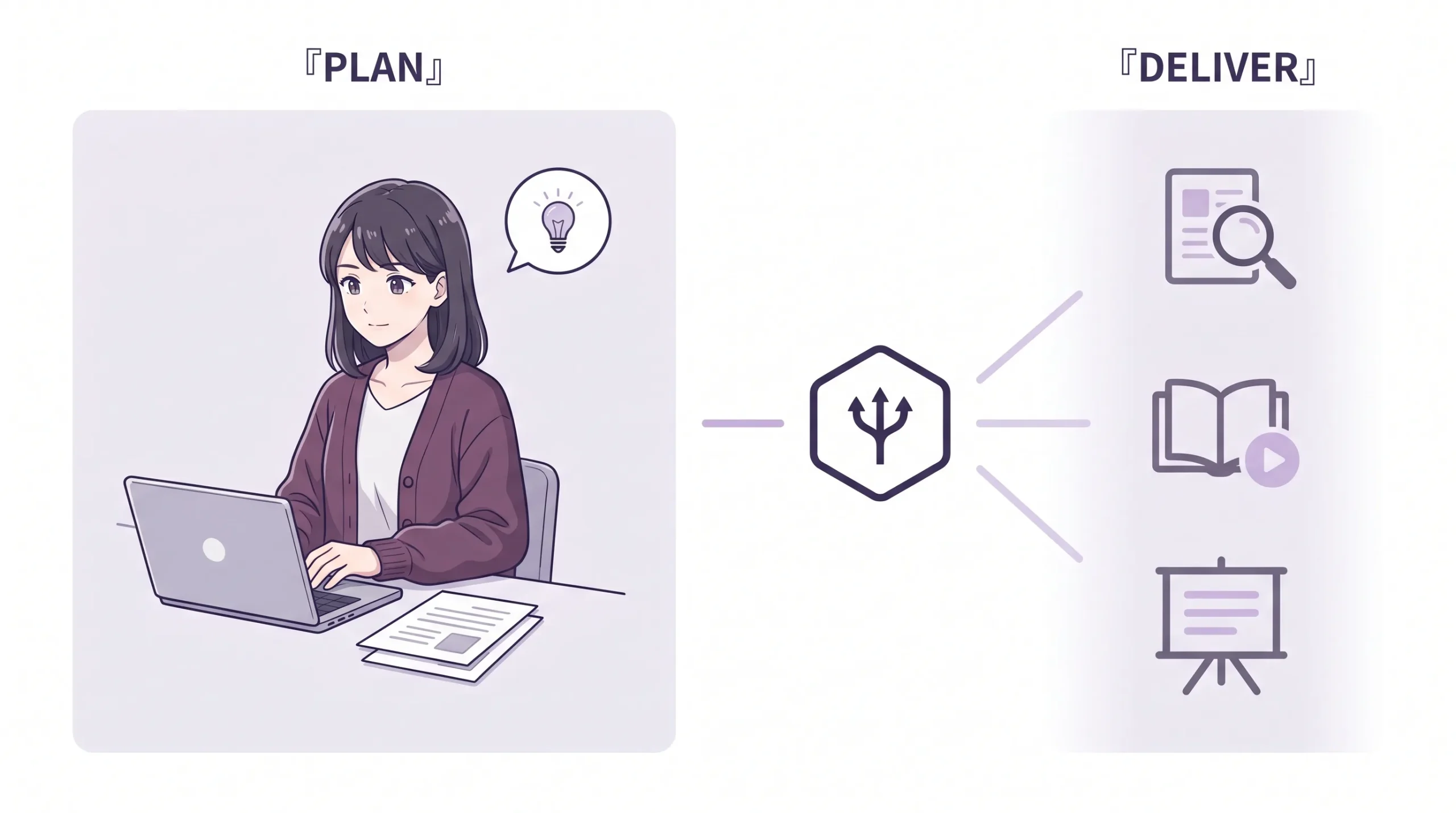 3ゾーンbranching構成のイラスト。左ゾーンはfocalで『PLAN』ラベル付き、若い女性リサーチャーがgenericなノートPC前で思慮深い表情。頭上に電球入り吹き出し。中央に六角形フォークノードから3本のガイドラインが右に扇状に広がる。右ゾーンはfadedで『DELIVER』ラベル付き、3つのパスアイコン（虫眼鏡+ドキュメント・本+再生ボタン・プレゼンイーゼル）が縦配置。