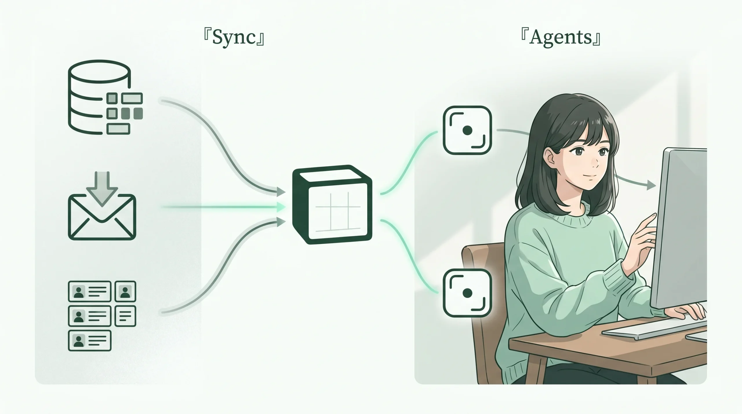 3 ゾーン routing 構成のイラスト。左ゾーン (faded) に『Sync』ラベルと、ネイビーで描かれた 3 つのデータソース silhouette (上=database cylinder / 中=mail envelope / 下=CRM card grid) が縦に並ぶ。中央に六角形の hub node (内部に grid pattern) と 3 本のミント accent guide line が流入。右ゾーン (focal) は『Agents』ラベル、ミントニットの女性個人開発者が wooden desk で flat panel を眺める姿に、2 つの rounded-square agent-node silhouette が浮遊。P3 Forest×Mint パレット。