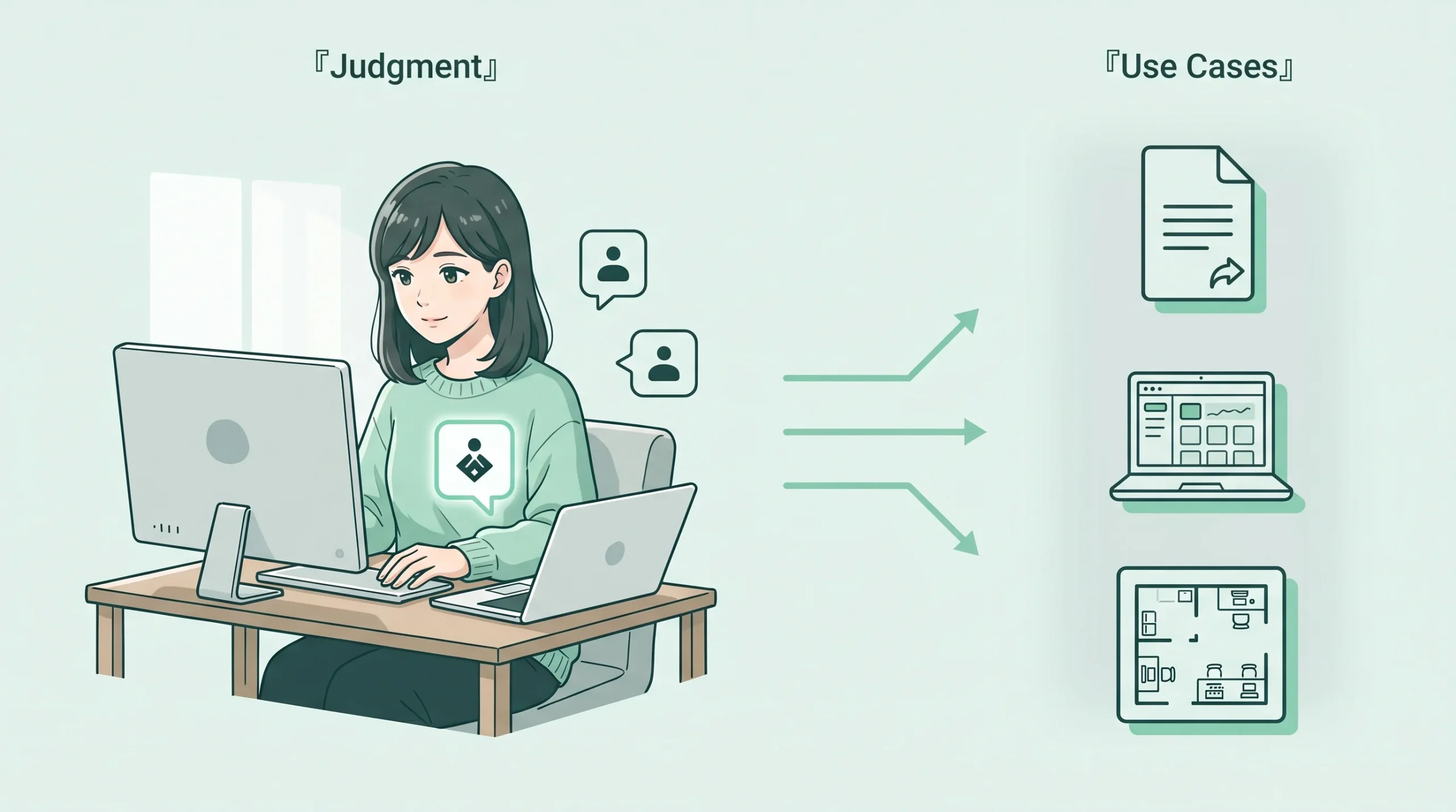3 ゾーン branching 構成のイラスト。左ゾーン (focal) に『Judgment』ラベル、ミントニットの女性個人開発者が wooden desk で flat panel の highlighted decision node を見つめ、2 つの rounded-square agent-node silhouette が浮遊。中央に 3 本のミント accent guide line が triangle head で右に扇形に展開。右ゾーン (faded) は『Use Cases』ラベル、3 つの use-case card silhouette (上=folded document + 矢印=受託デリバラブル / 中=laptop + dashboard grid=個人開発 SaaS / 下=office floor-plan=小規模事業) が縦に並ぶ。P3 Forest×Mint パレット。