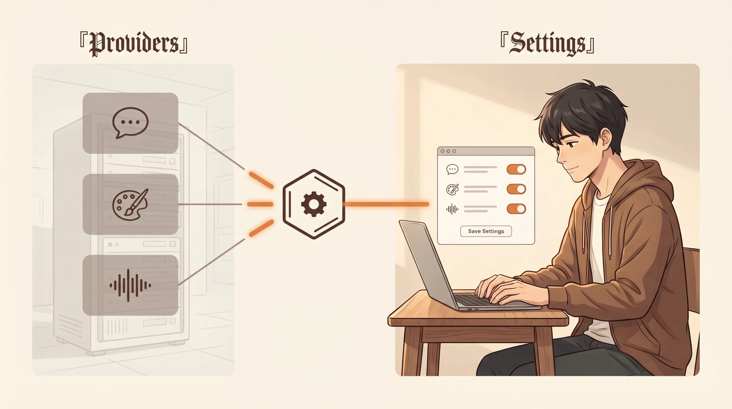 3 ゾーン routing 構成のイラスト。左ゾーン (faded) に『Providers』ラベルと、3 つの AI プロバイダ silhouette (チャット / パレット / 波形) が縦に並ぶ。中央に六角形のコネクタ hub node (ギアシンボル内包) とオレンジの accent guide line。右ゾーン (focal) に『Settings』ラベル、ブラウンフーディの男性サイト運営者がラップトップの設定パネル (3 つのトグルスイッチ) を操作。P5 Brown×Cream×Tangerine パレット。
