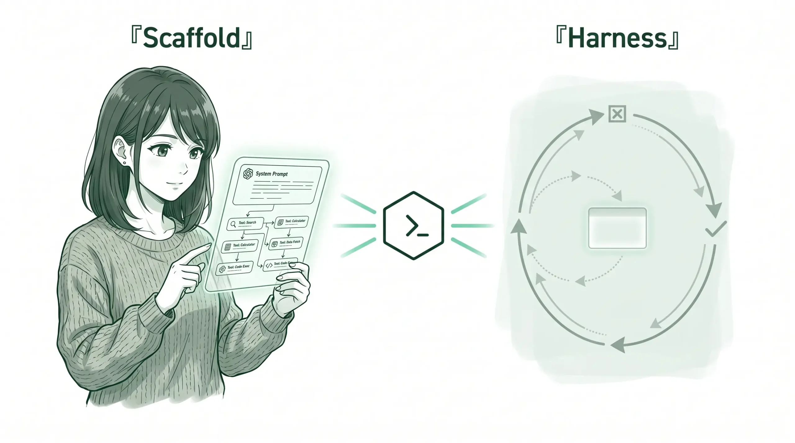 AIエージェントを内側の『scaffold(モデルに見せる設計)』と外側の『harness(モデルを動かし止める制御ループ)』に分けて示した図解。左に女性開発者が設計カードを見る。