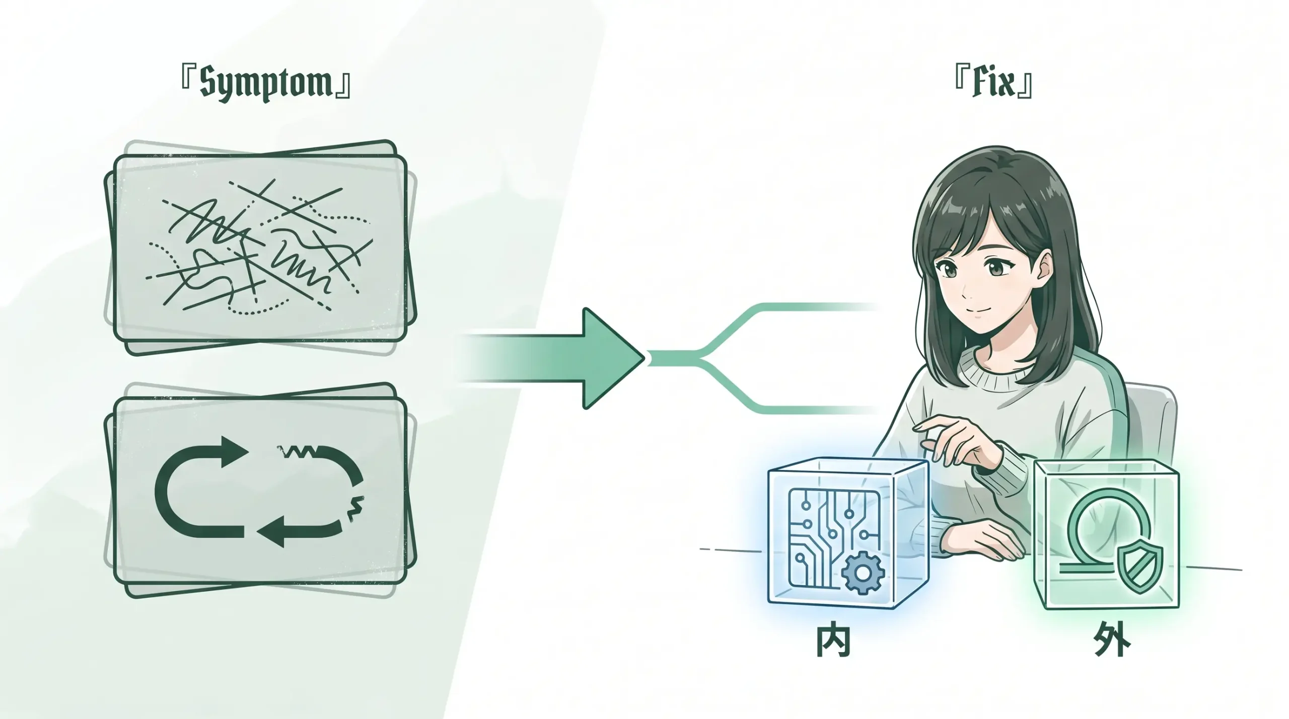 エージェントの不具合(出力が雑/ツールを呼ばない)を見て、scaffoldとharnessのどちらを直すか切り分ける様子の図解。右に女性開発者が直す層を選ぶ。