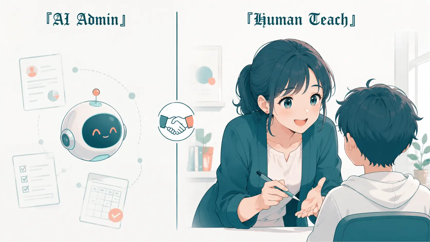 AIが事務作業を担い、人が実際の指導に集中する分担を示す図解