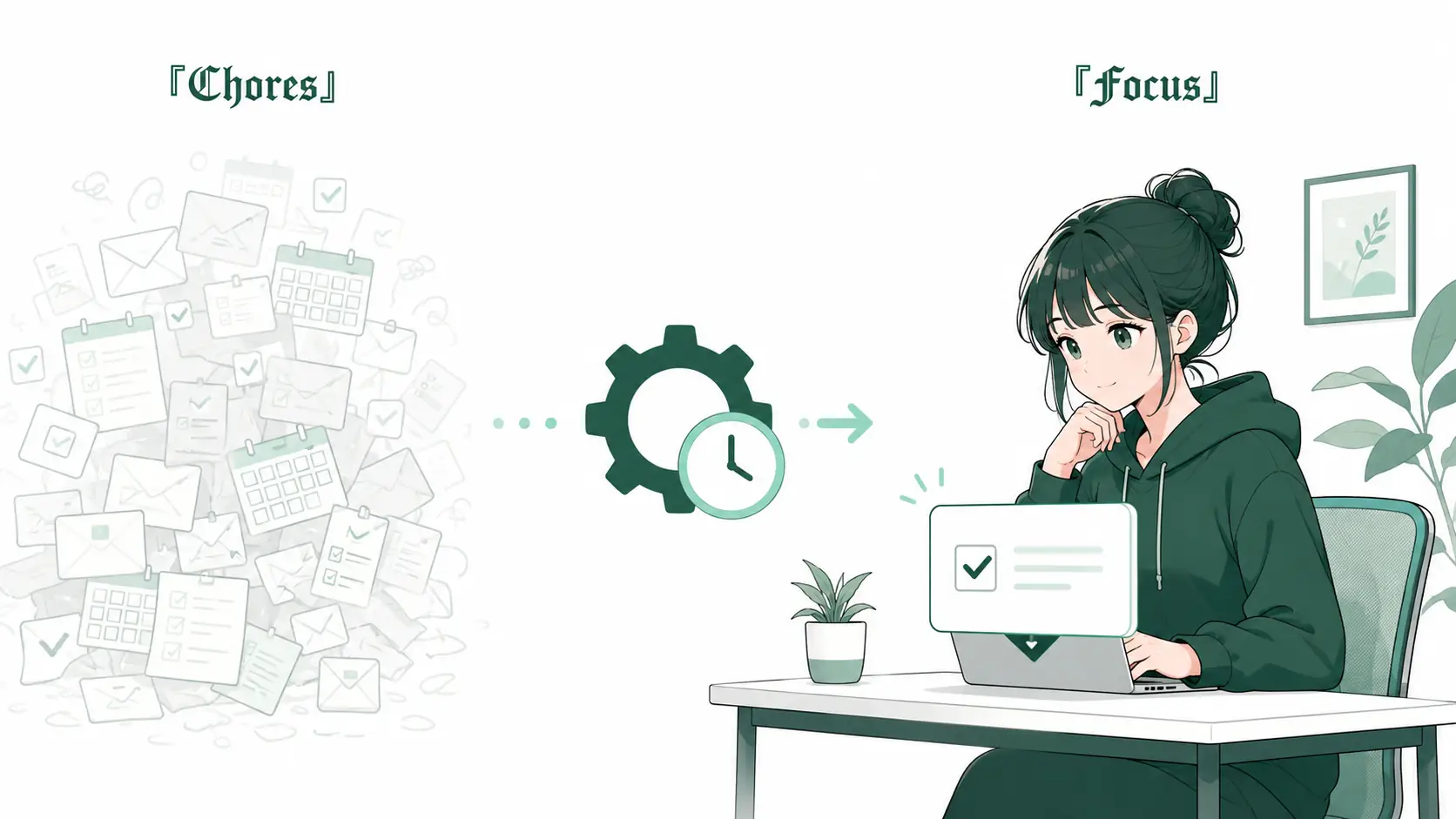 繰り返しの雑務が自動処理され、人は意味のある作業だけに集中できる様子を示す図解